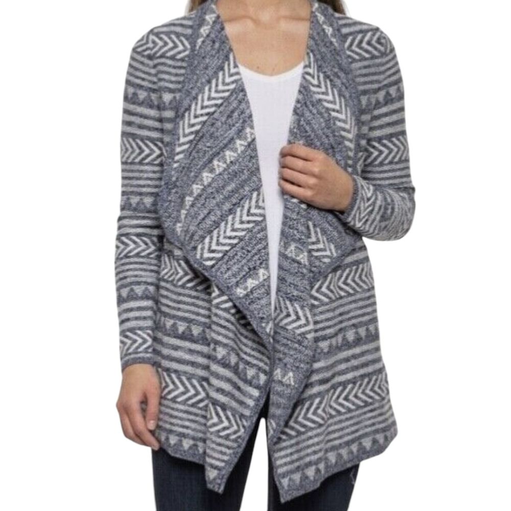 Lucky Brand Blue Geo-Stitch Knit Boho Cotton Asymmetrical Hem Cardigan Sweater M